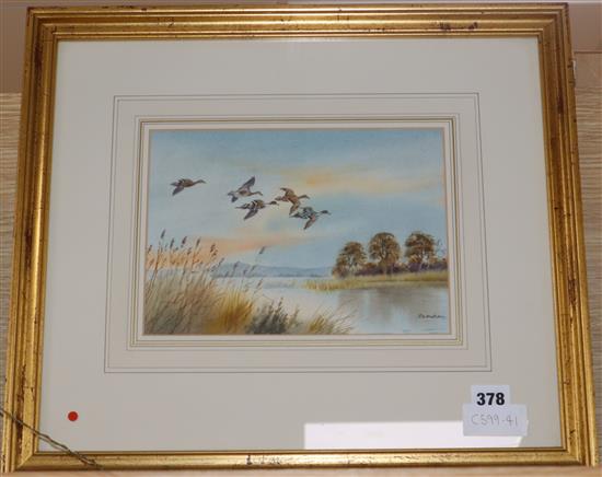 Robert W. Milliken (1920-2014) watercolour, Ducks flying over a lake, signed, 18 x 25cm